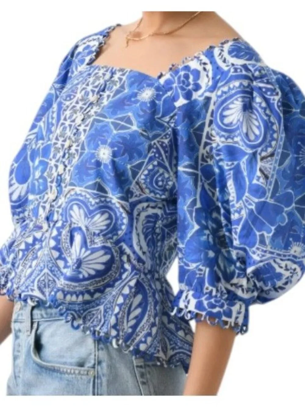 Farm Rio Women's Tile Dream Short Sleeve Blouse Puff Sleeve Blue White Size XS